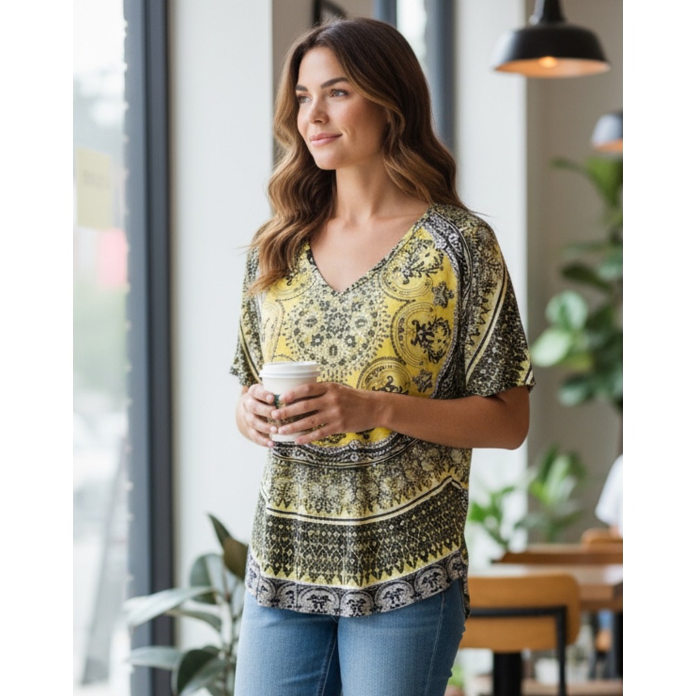 INC International Concepts Petite Medium Yellow Paisley Print V-Neck Top